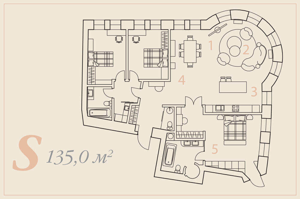 План квартиры. Площадь — 135,0 м²